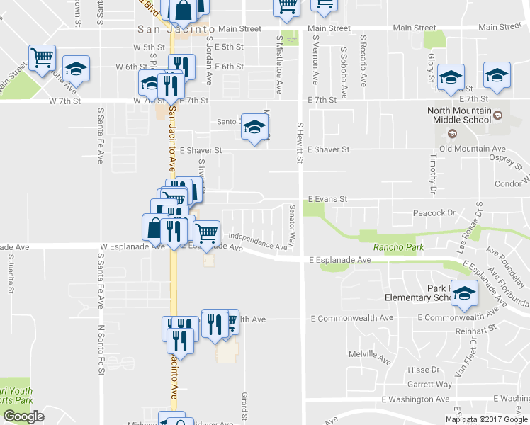 map of restaurants, bars, coffee shops, grocery stores, and more near 1333 Van Buren Cir in San Jacinto