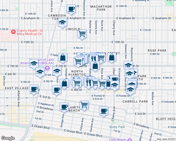 map of restaurants, bars, coffee shops, grocery stores, and more near 611 Walnut Avenue in Long Beach