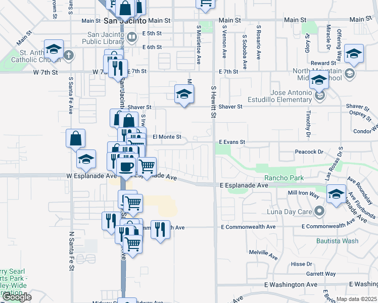 map of restaurants, bars, coffee shops, grocery stores, and more near 1333 Van Buren Circle in San Jacinto
