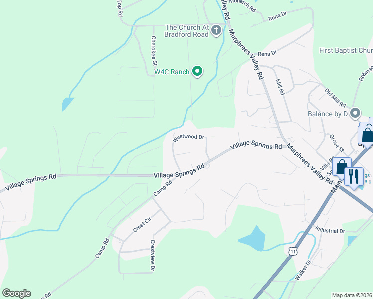 map of restaurants, bars, coffee shops, grocery stores, and more near 536 Westwood Drive in Springville