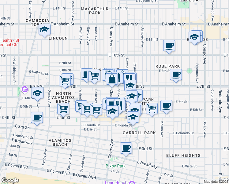 map of restaurants, bars, coffee shops, grocery stores, and more near 604 Cherry Avenue in Long Beach