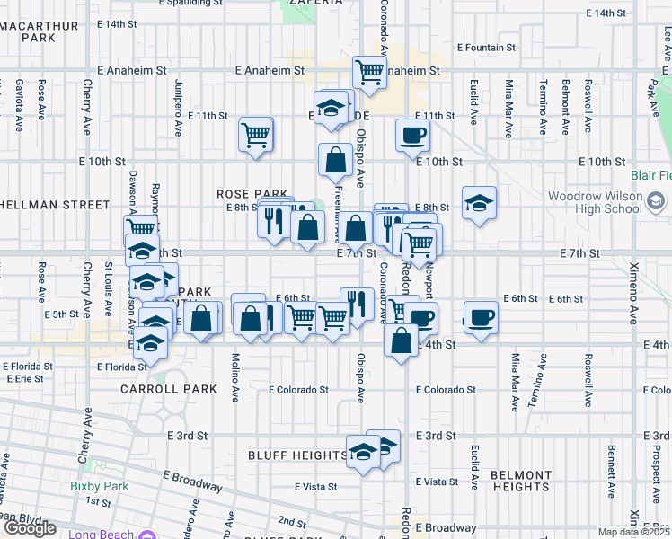 map of restaurants, bars, coffee shops, grocery stores, and more near 3045 East Theresa Street in Long Beach