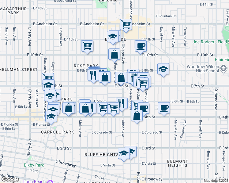 map of restaurants, bars, coffee shops, grocery stores, and more near 3045 East Theresa Street in Long Beach