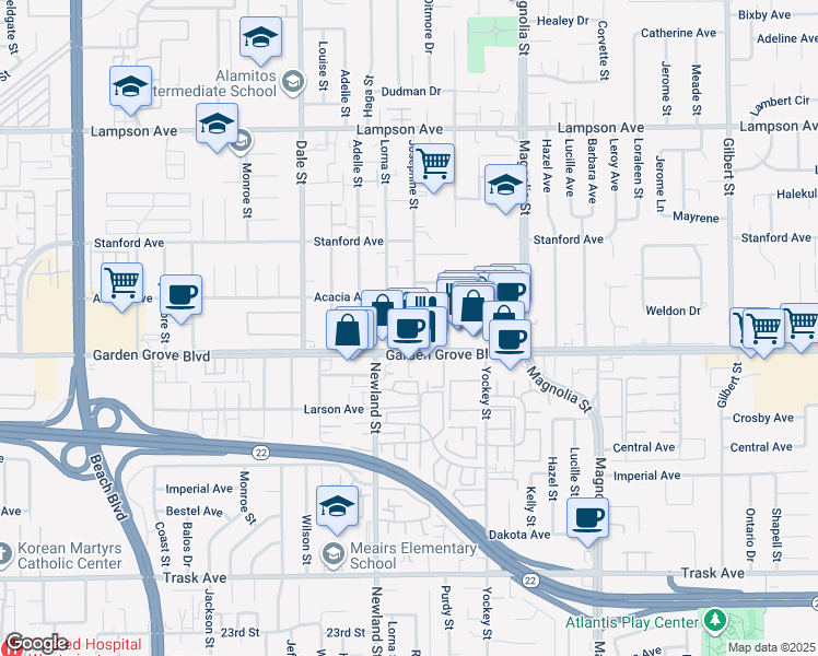 map of restaurants, bars, coffee shops, grocery stores, and more near 12931 Josephine Street in Garden Grove