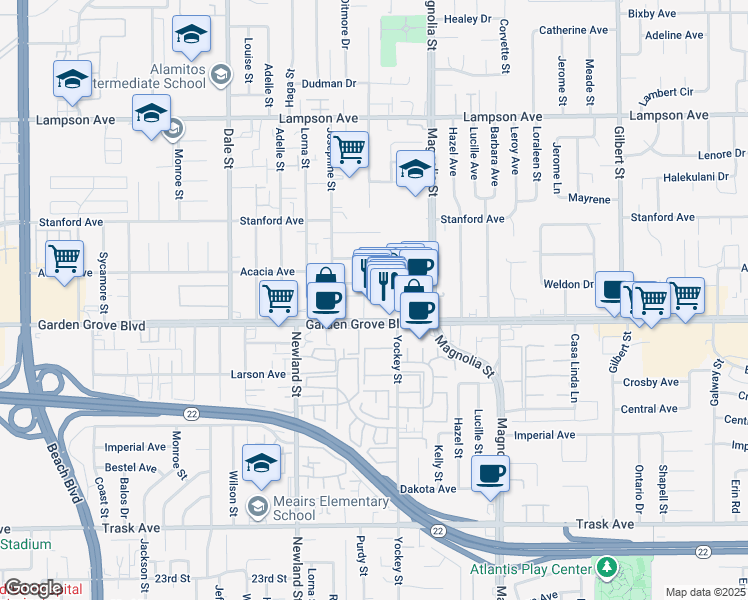 map of restaurants, bars, coffee shops, grocery stores, and more near 8821 Garden Grove Boulevard in Garden Grove