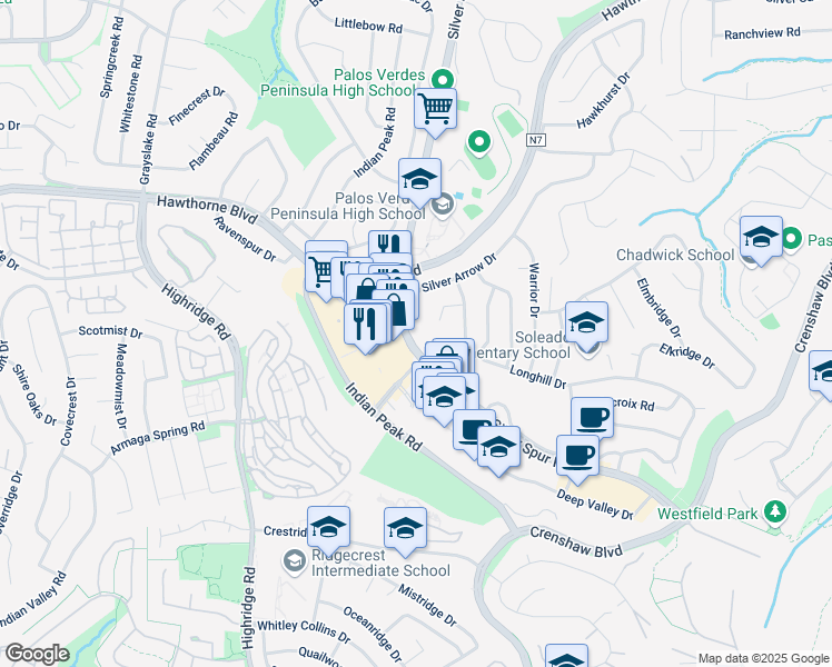 map of restaurants, bars, coffee shops, grocery stores, and more near 430 Silver Spur Road in Rancho Palos Verdes