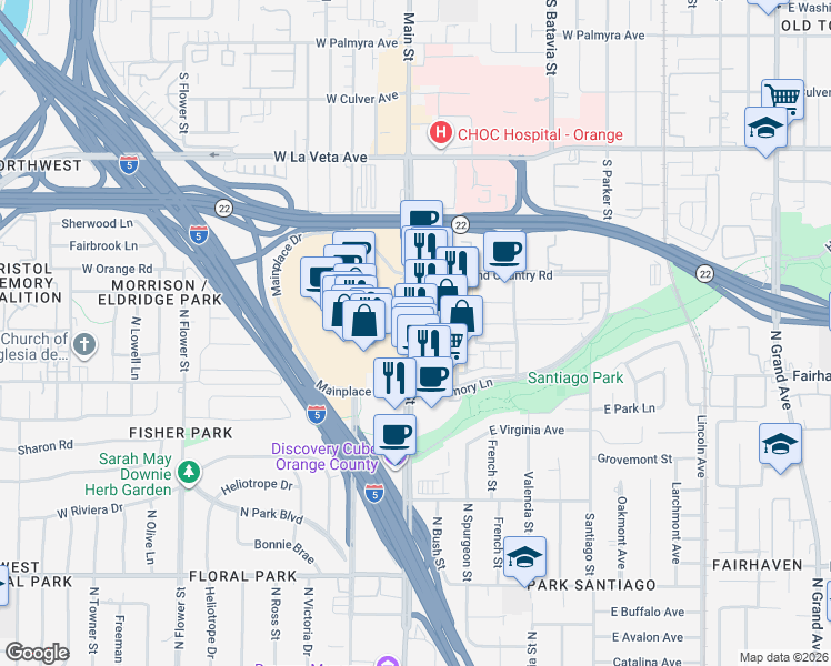 map of restaurants, bars, coffee shops, grocery stores, and more near 2789 North Main Street in Santa Ana
