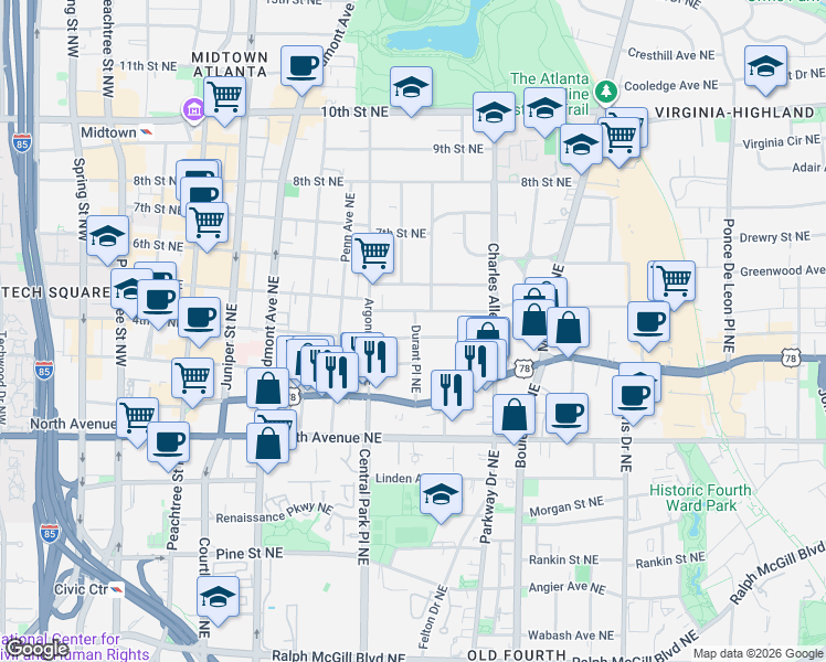 map of restaurants, bars, coffee shops, grocery stores, and more near 331 4th Street Northeast in Atlanta