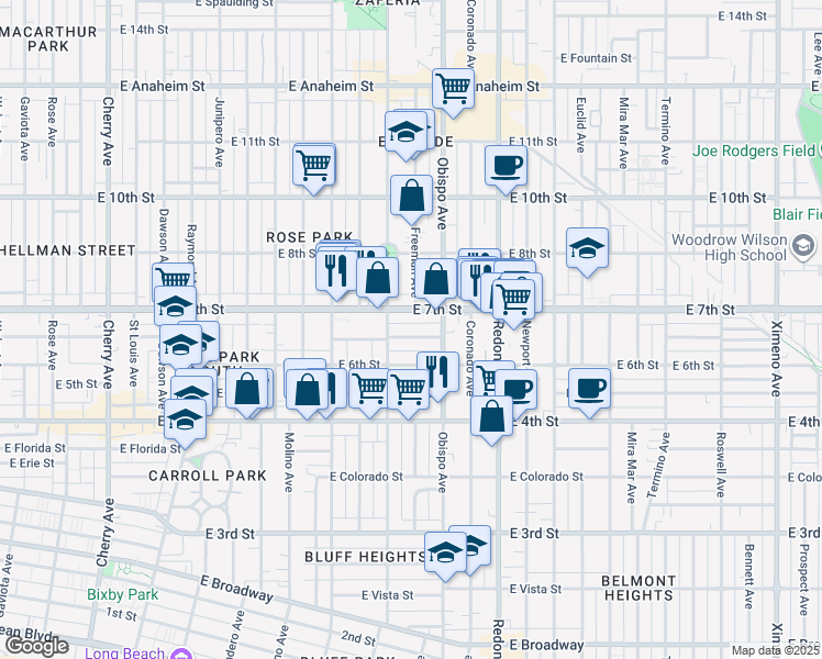 map of restaurants, bars, coffee shops, grocery stores, and more near 622 Orizaba Avenue in Long Beach