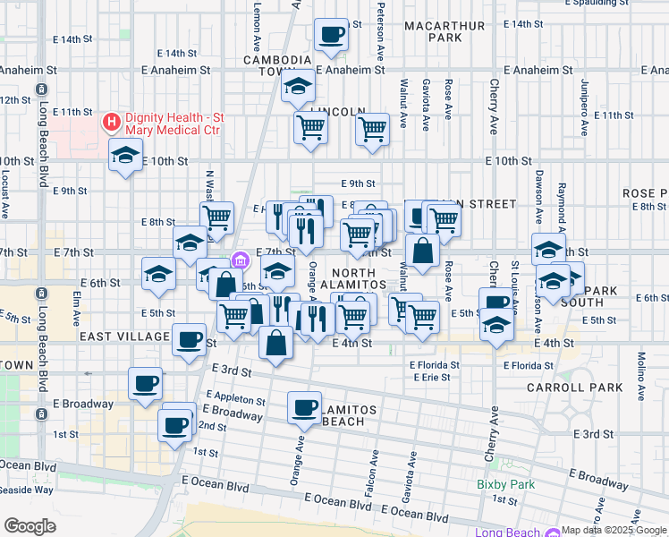 map of restaurants, bars, coffee shops, grocery stores, and more near 631 Almond Avenue in Long Beach