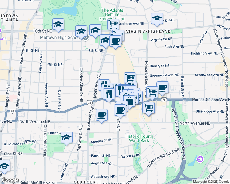 map of restaurants, bars, coffee shops, grocery stores, and more near 741 Ponce De Leon Court Northeast in Atlanta