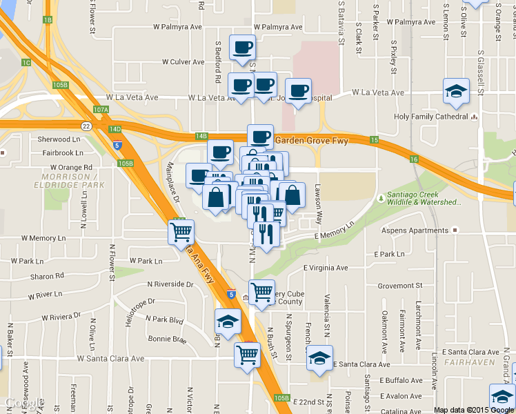 map of restaurants, bars, coffee shops, grocery stores, and more near 2789 North Main Street in Santa Ana