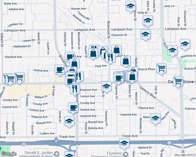 map of restaurants, bars, coffee shops, grocery stores, and more near 10215 Andy Reese Court in Garden Grove
