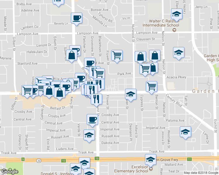 map of restaurants, bars, coffee shops, grocery stores, and more near 10242 Garden Grove Boulevard in Garden Grove