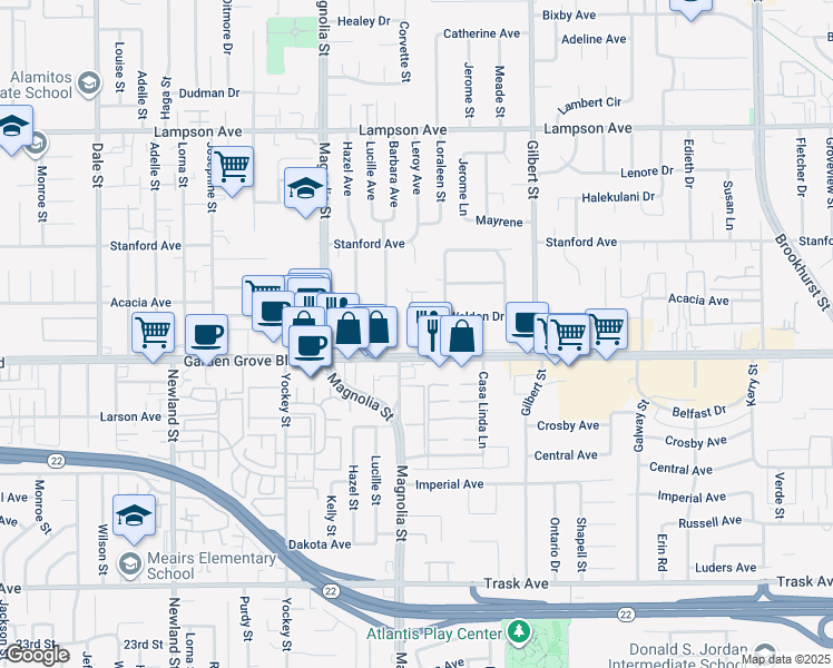 map of restaurants, bars, coffee shops, grocery stores, and more near 9177 Garden Grove Boulevard in Garden Grove