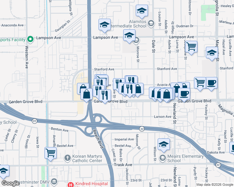 map of restaurants, bars, coffee shops, grocery stores, and more near 8221 Garden Grove Boulevard in Garden Grove