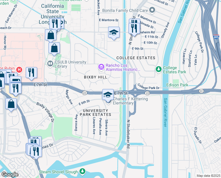 map of restaurants, bars, coffee shops, grocery stores, and more near 6447 Bixby Terrace Drive in Long Beach