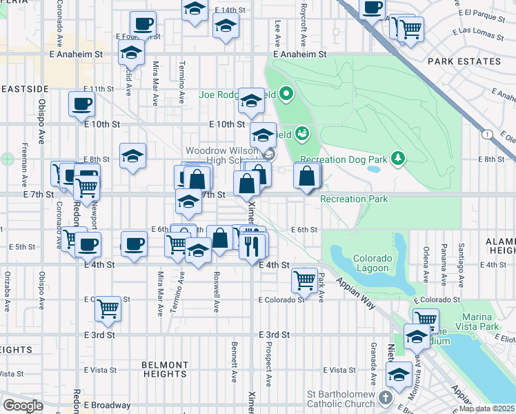map of restaurants, bars, coffee shops, grocery stores, and more near 616 Ximeno Avenue in Long Beach