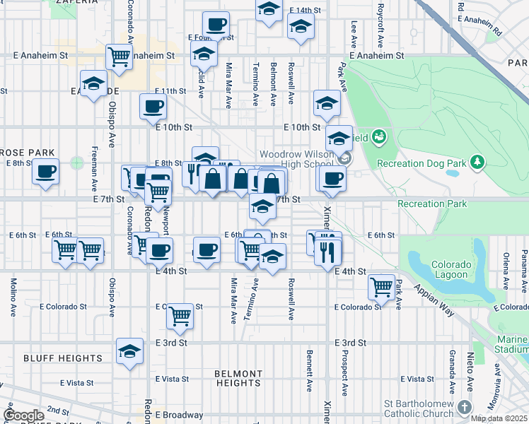 map of restaurants, bars, coffee shops, grocery stores, and more near 623 Termino Avenue in Long Beach