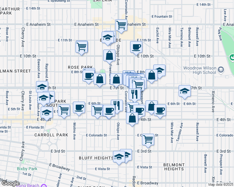 map of restaurants, bars, coffee shops, grocery stores, and more near 619 Obispo Avenue in Long Beach