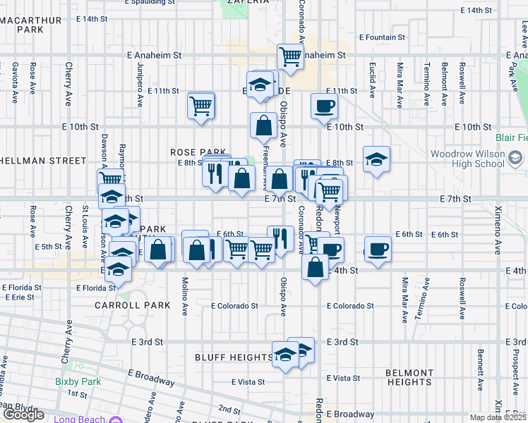 map of restaurants, bars, coffee shops, grocery stores, and more near 622 Orizaba Avenue in Long Beach
