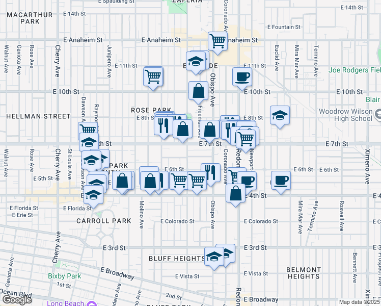 map of restaurants, bars, coffee shops, grocery stores, and more near 622 Orizaba Avenue in Long Beach