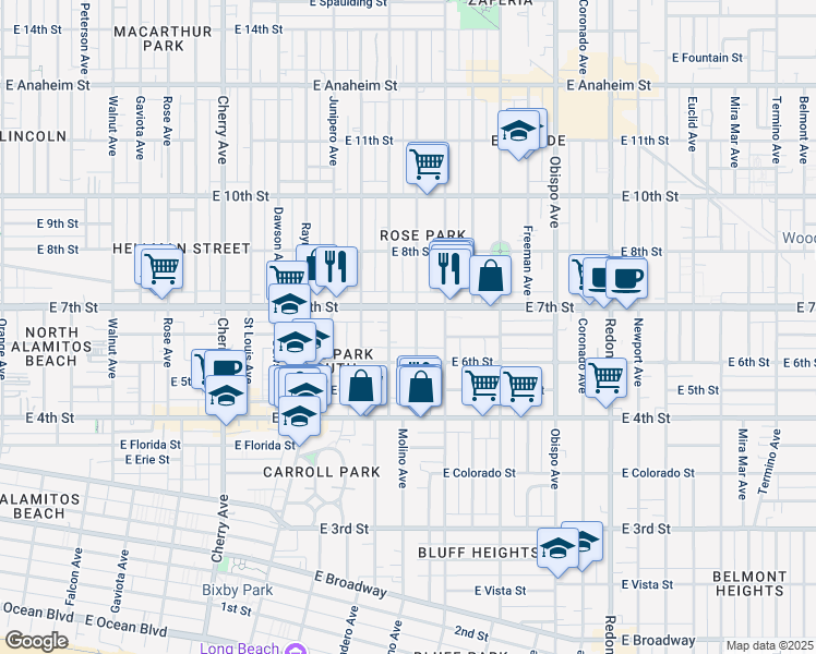 map of restaurants, bars, coffee shops, grocery stores, and more near 620 Molino Avenue in Long Beach