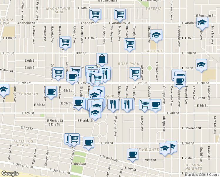 map of restaurants, bars, coffee shops, grocery stores, and more near 625 Stanley Avenue in Long Beach