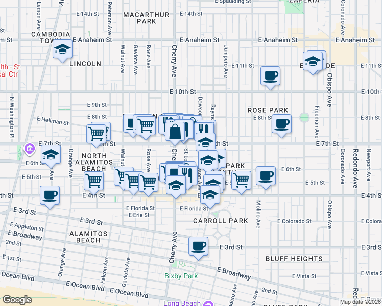 map of restaurants, bars, coffee shops, grocery stores, and more near 535 Saint Louis Avenue in Long Beach