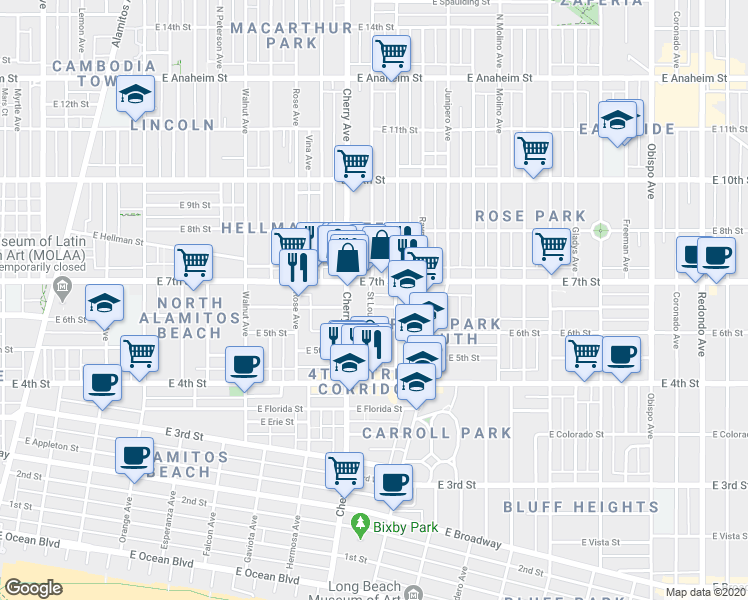 map of restaurants, bars, coffee shops, grocery stores, and more near 535 Saint Louis Avenue in Long Beach