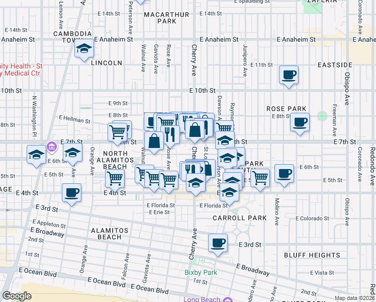 map of restaurants, bars, coffee shops, grocery stores, and more near 1918 East 6th Street in Long Beach