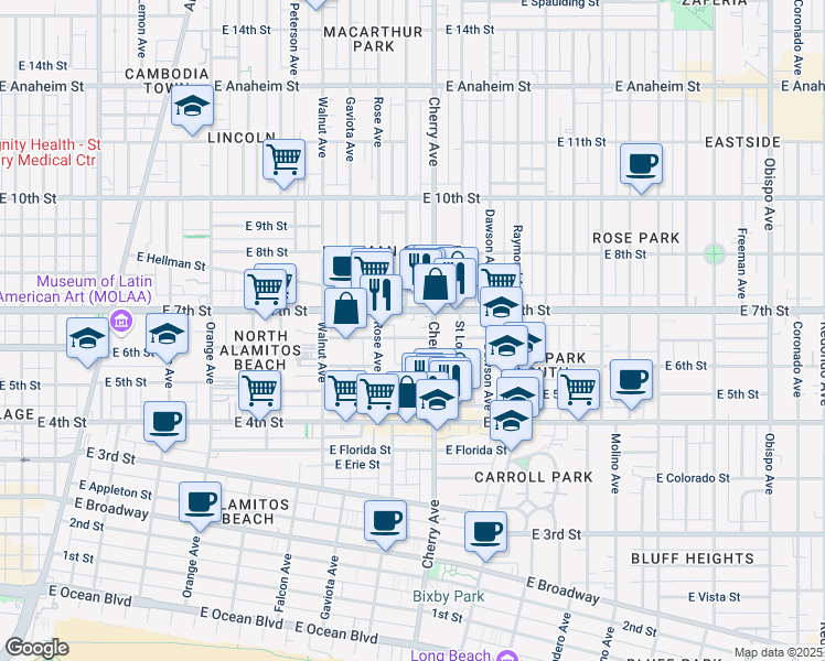 map of restaurants, bars, coffee shops, grocery stores, and more near 1918 East 6th Street in Long Beach