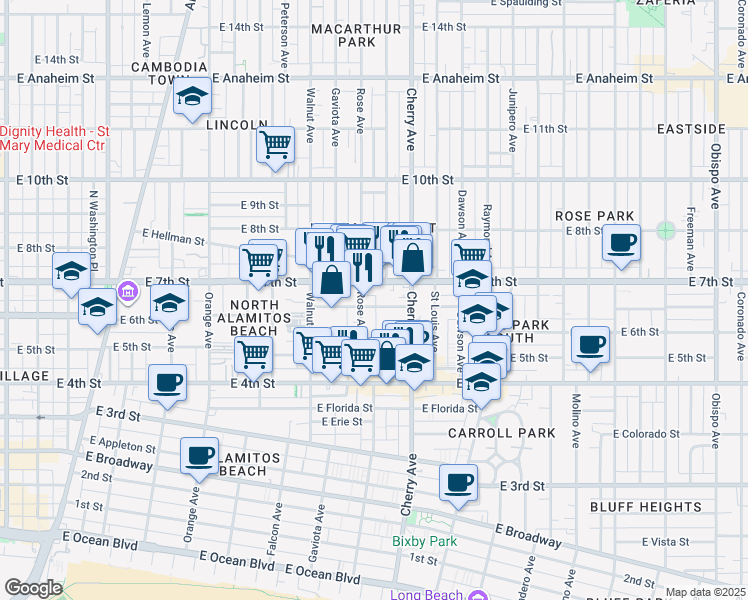 map of restaurants, bars, coffee shops, grocery stores, and more near 527 Rose Avenue in Long Beach