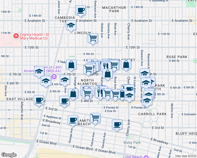 map of restaurants, bars, coffee shops, grocery stores, and more near 575 Walnut Avenue in Long Beach