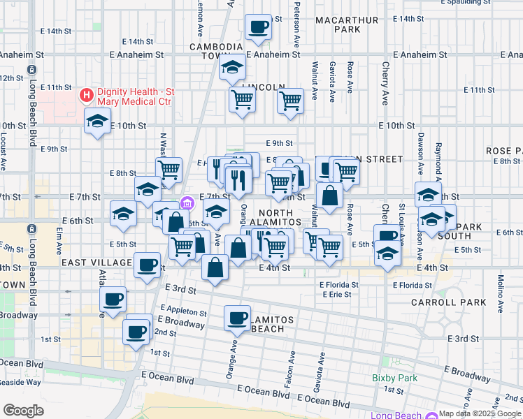 map of restaurants, bars, coffee shops, grocery stores, and more near 1221 East 6th Street in Long Beach