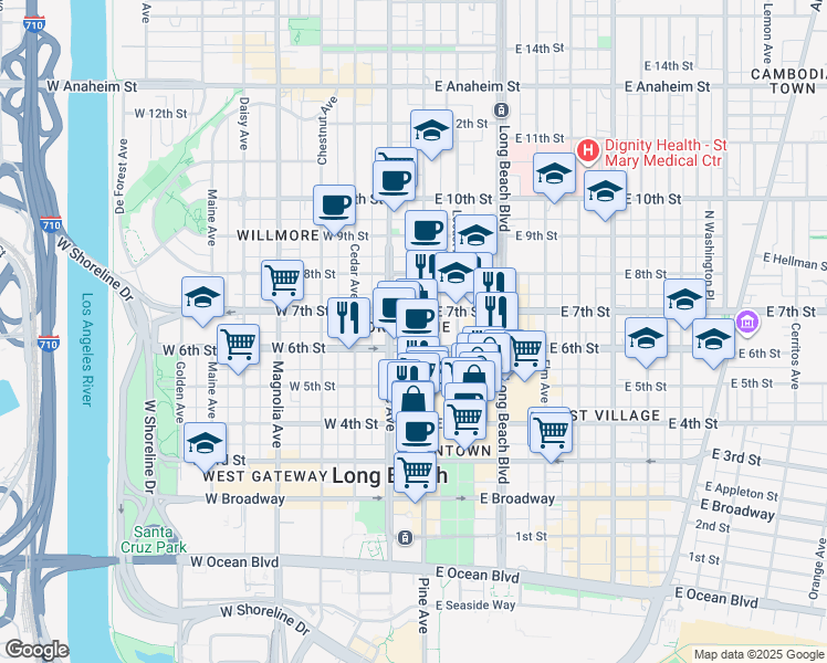 map of restaurants, bars, coffee shops, grocery stores, and more near 595 Pine Avenue in Long Beach