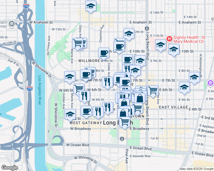 map of restaurants, bars, coffee shops, grocery stores, and more near 314 West 6th Street in Long Beach