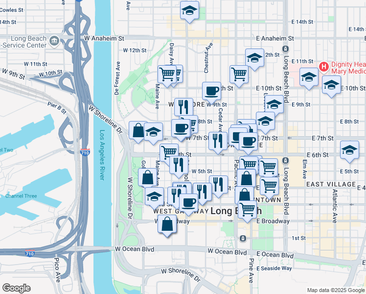 map of restaurants, bars, coffee shops, grocery stores, and more near 535 Magnolia Avenue in Long Beach