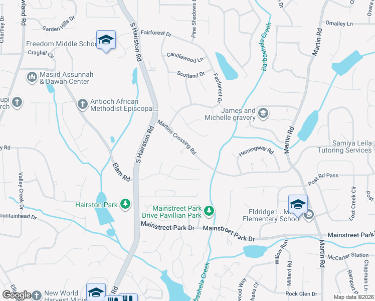 map of restaurants, bars, coffee shops, grocery stores, and more near 4887 Martins Crossing Road in Stone Mountain