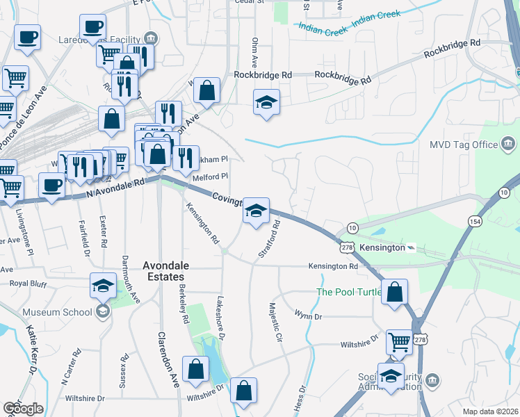 map of restaurants, bars, coffee shops, grocery stores, and more near 47 Covington Road in Avondale Estates