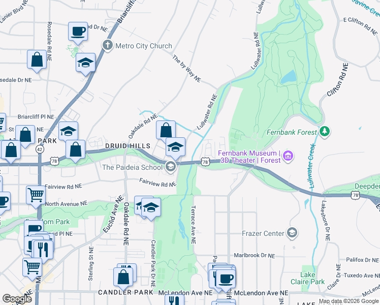 map of restaurants, bars, coffee shops, grocery stores, and more near in Atlanta