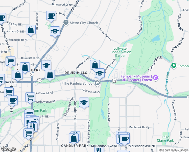 map of restaurants, bars, coffee shops, grocery stores, and more near South Ponce De Leon Avenue Northeast in Atlanta
