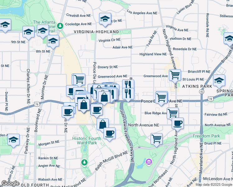 map of restaurants, bars, coffee shops, grocery stores, and more near 829 Highland Lane Northeast in Atlanta