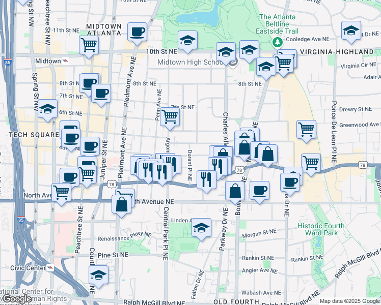 map of restaurants, bars, coffee shops, grocery stores, and more near 331 4th Street Northeast in Atlanta
