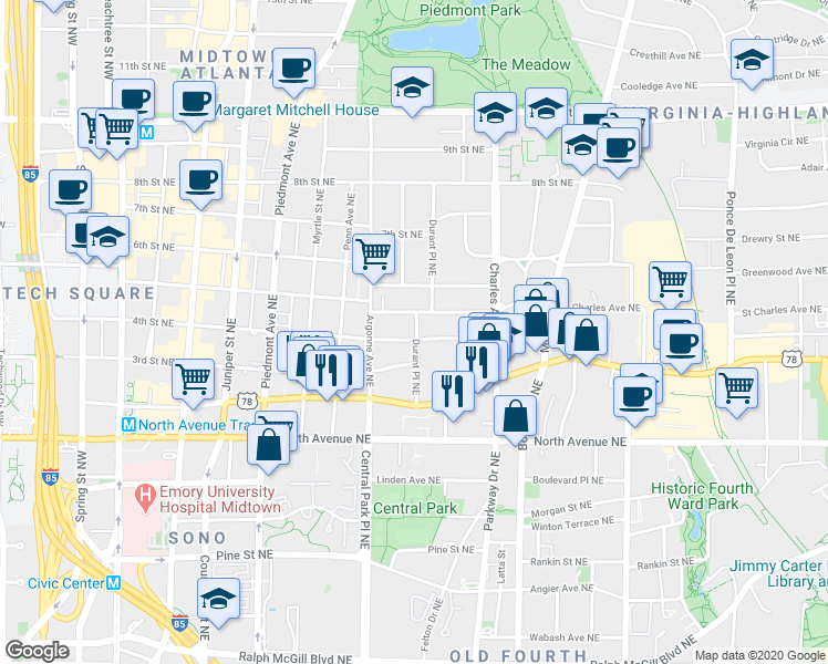 map of restaurants, bars, coffee shops, grocery stores, and more near 331 4th Street Northeast in Atlanta