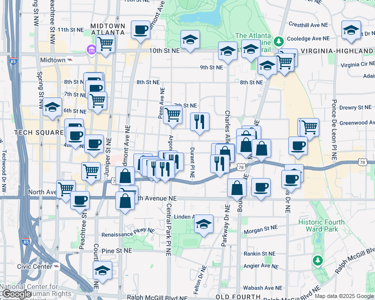 map of restaurants, bars, coffee shops, grocery stores, and more near 331 4th Street Northeast in Atlanta