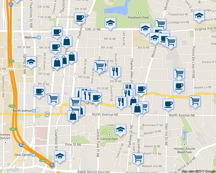 map of restaurants, bars, coffee shops, grocery stores, and more near 331 4th Street Northeast in Atlanta