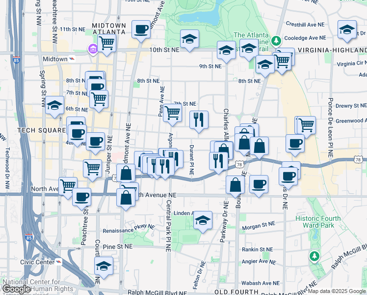 map of restaurants, bars, coffee shops, grocery stores, and more near 331 4th Street Northeast in Atlanta