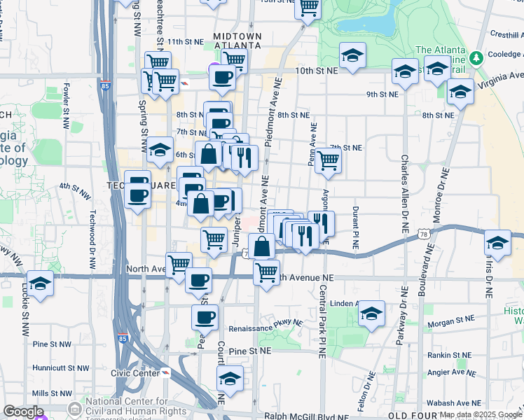 map of restaurants, bars, coffee shops, grocery stores, and more near 711 Piedmont Avenue Northeast in Atlanta