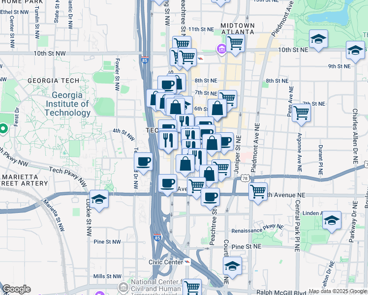 map of restaurants, bars, coffee shops, grocery stores, and more near 721 Spring Street Northwest in Atlanta